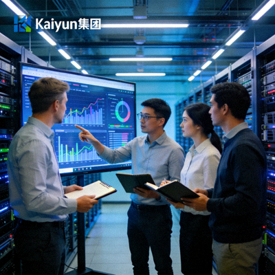 Kaiyun集团技术团队在数据中心讨论数据分析方案 - 四位技术人员围绕大屏幕进行技术讨论