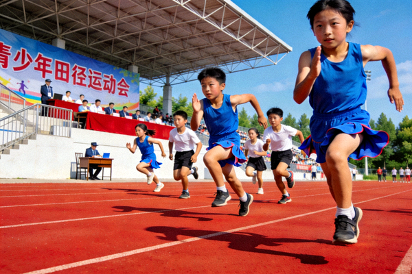 青少年田径运动会场景 - 小运动员在跑道上奋力冲刺